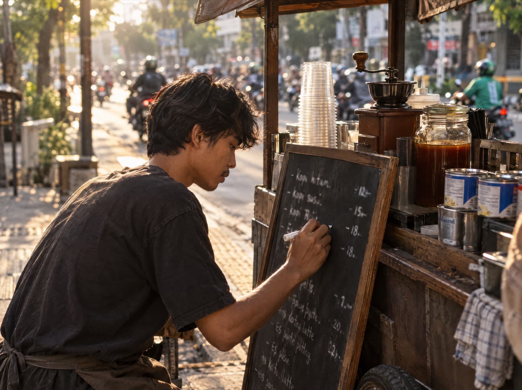 Penjual kopi menulis harga baru di papan menu gerobak kopi