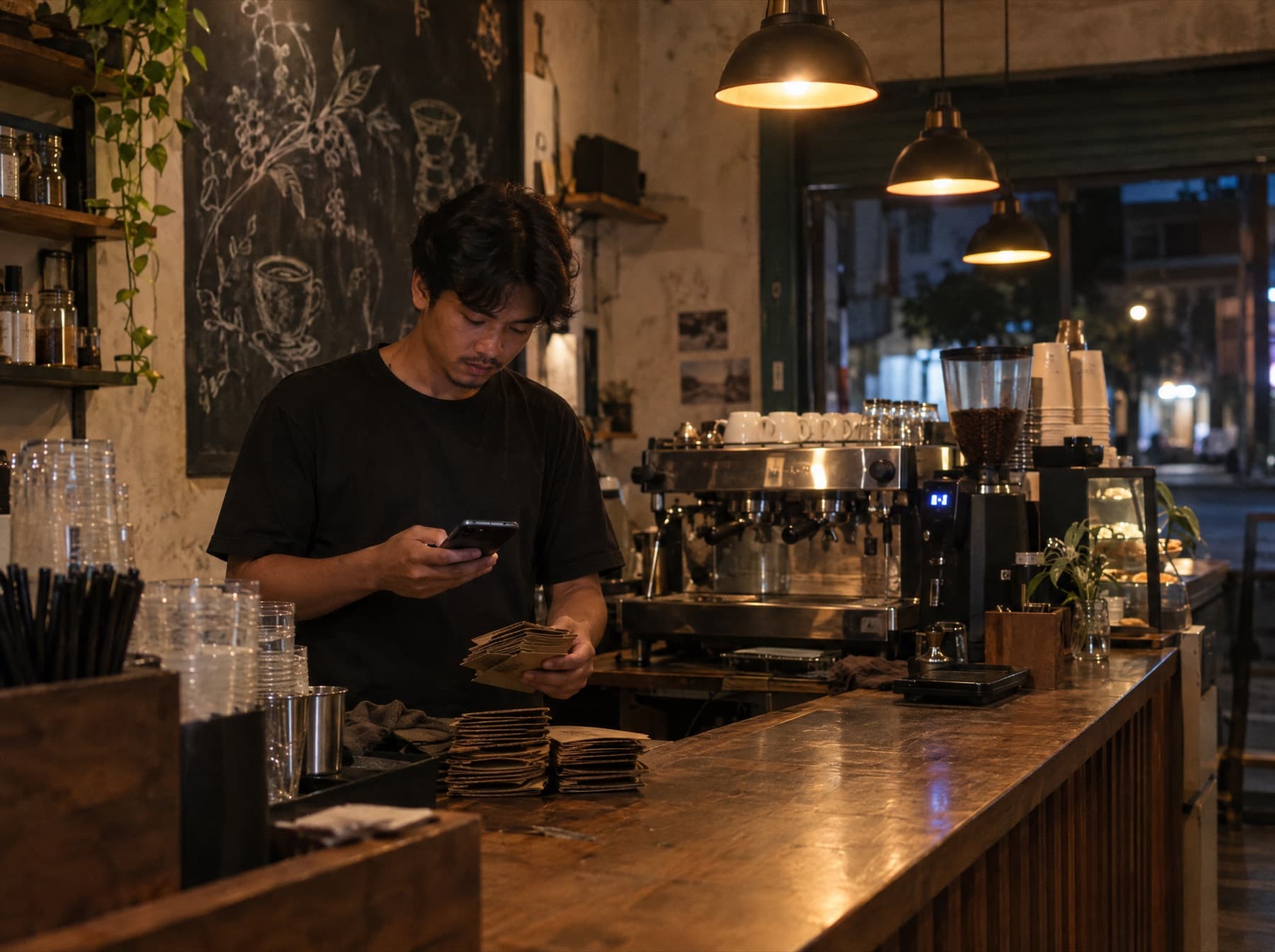 Barista menghitung cup terjual di meja kedai kopi setelah tutup