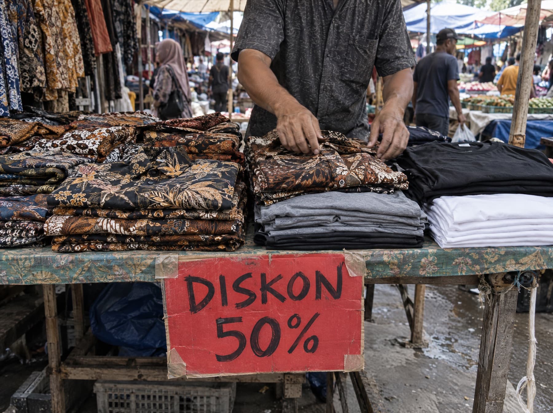 Lapak baju batik di pasar dengan papan karton bertuliskan diskon 50%